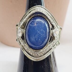 Paparazzi Blue Oval Stone Silver Tone Rhinestone Stretch Statement Ring
